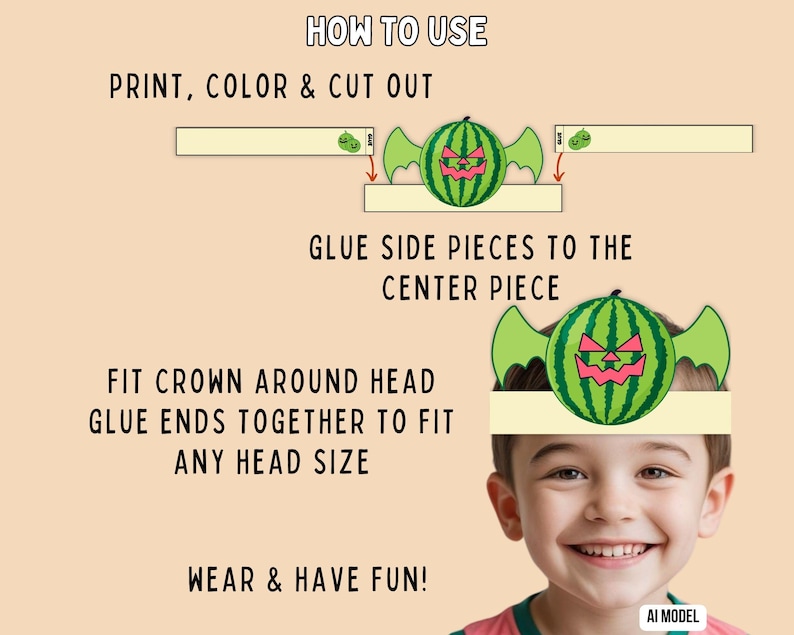 May include: A printable paper crown craft featuring a green watermelon with bat wings and a jack-o'-lantern face. Instructions include: HOW TO USE, PRINT, COLOR & CUT OUT, GLUE SIDE PIECES TO THE CENTER PIECE, FIT CROWN AROUND HEAD, GLUE ENDS TOGETHER.