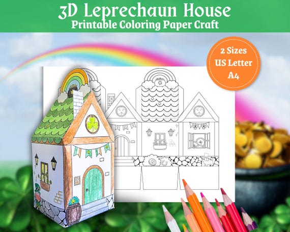 St Patrick's Day Leprechaun 3D Paper House Kit, Craft for Kids, DIY Paper Doll House Coloring Page, Classroom Party,  Homeschool Activity