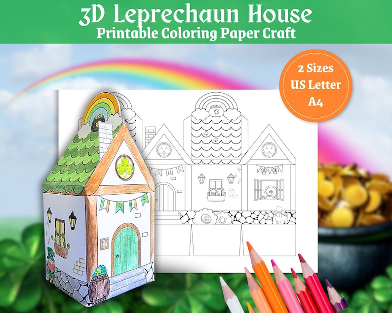 May include: Printable 3D Leprechaun House paper craft coloring page. The house is decorated with a rainbow, shamrocks, and a pot of gold. The page is available in two sizes: US Letter and A4.