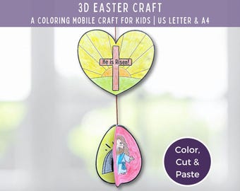 He Is Risen Easter Coloring Craft, 3D Easter Egg Mobile, Easter Story Sunday School Craft, Holy Week Activity For Kids, Resurrection Craft