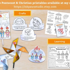 May include: A collection of Pentecost and Christian-themed printables. The image includes coloring pages, craft projects, and learning activities. Text on the image includes "More Pentecost & Christian printables available at my shop" and "https://inkpawsstudio.etsy.com".