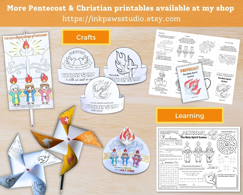May include: A collection of Pentecost and Christian-themed printables. The image includes coloring pages, craft projects, and learning activities. Text on the image includes "More Pentecost & Christian printables available at my shop" and "https://inkpawsstudio.etsy.com".