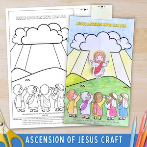 May include: A craft project titled "Ascension of Jesus Craft" showing a colouring page and a completed version. The image depicts Jesus ascending into heaven, with figures below. The completed version is coloured with crayons.