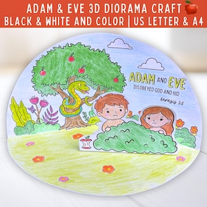 May include: A 3D diorama craft featuring a colored drawing of Adam and Eve hiding behind a bush. The scene includes a tree with a snake, flowers, and the text: ADAM AND EVE DISOBEYED GOD AND HID Genesis 3:8. The top banner reads: ADAM & EVE 3D DIORAMA CRAFT.