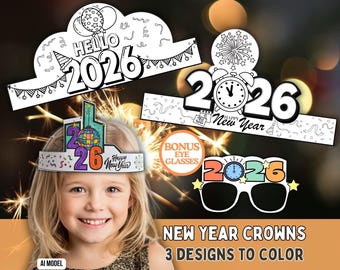 2026 New Year Paper Crown Template, New Years Eve Craft, Printable Party Hats NYE Party Favors, Noon Years Eve Kids Activities Coloring Page