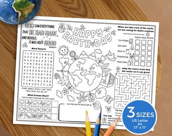 Christian Earth Day Activity Placemat, God's Creation Earth Day Worksheet, Spring Sunday School, Kids Bible Activity, Christian Homeschool