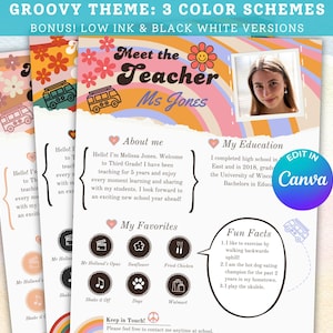Modelo Groovy Conheça o Professor, Folheto retrô de volta às aulas, Carta de boas-vindas do professor pré-escolar editável, Boho Retro Classroom