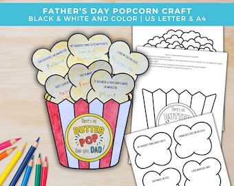Fathers Day Craft, All About My Dad Popcorn Craft Printable, DIY Fathers Day Gift from Kids Craft Keepsake, Coloring Card Classroom Activity
