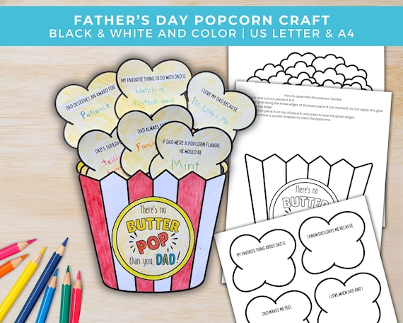 Fathers Day Craft, All About My Dad Popcorn Craft Printable, DIY Fathers Day Gift from Kids Craft Keepsake, Coloring Card Classroom Activity