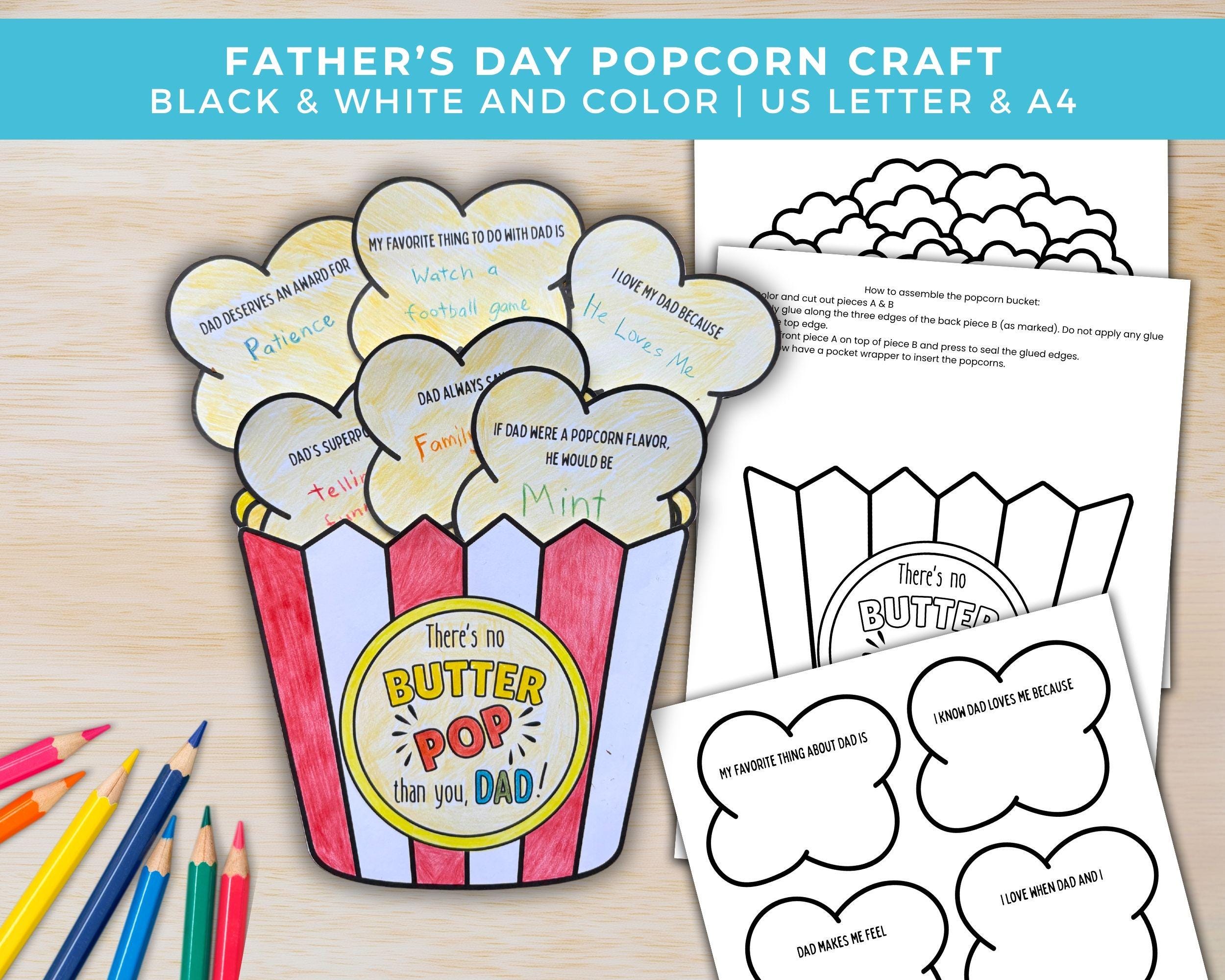 41 Easy Popcorn Crafts for Kids 3 Fathers Day Craft, All About My Dad Popcorn Craft Printable, DIY…