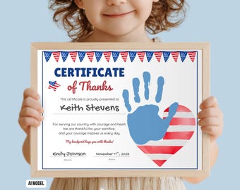 Veterans Day Handprint Craft For Kids, Veteran Appreciation Certificate Handprint Art, Thank You Veterans Day Craft, Handprint Keepsake