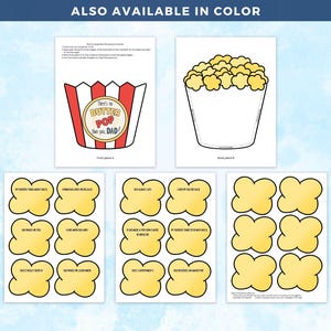 May include: A printable Father's Day craft kit featuring a popcorn bucket design with the text "There's no butter pop than you, Dad!" and popcorn-shaped fill-in-the-blanks. Includes instructions and additional popcorn pieces.
