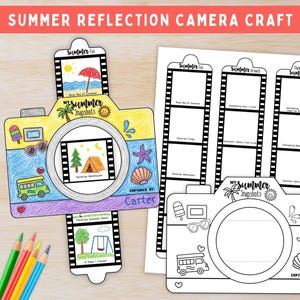 Peut inclure: Un bricolage en papier en forme d'appareil photo intitulé My Summer Snapshots avec des dessins colorés de plage, de tente et de van. Inclut une bande de film, une feuille de modèle vierge et quatre crayons de couleur. Espace pour un nom.