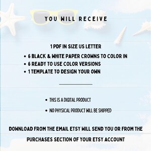 May include: Digital product details on a blue and white background with seashells and sunglasses. Text reads "YOU WILL RECEIVE" followed by a list of items, including paper crowns to color and design templates. The product is a digital download.