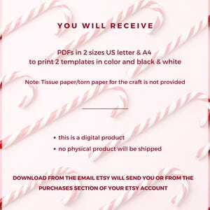 May include: A pink background with multiple candy canes. The candy canes are red and white striped. Text on the image reads "YOU WILL RECEIVE" and describes the digital product, including PDF sizes and printing options.