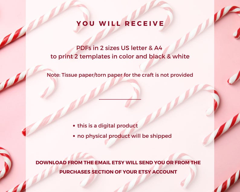 May include: A pink background with multiple candy canes. The candy canes are red and white striped. Text on the image reads "YOU WILL RECEIVE" and describes the digital product, including PDF sizes and printing options.