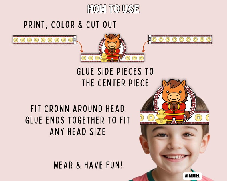May include: A printable paper crown craft kit featuring a cartoon horse character in a red outfit with gold accents. The instructions include: HOW TO USE, PRINT, COLOR & CUT OUT, GLUE SIDE PIECES TO THE CENTER PIECE, FIT CROWN AROUND HEAD, GLUE ENDS TOGETHER.