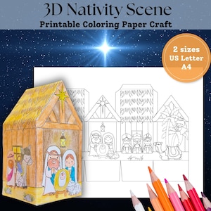 Modello di casa di carta per presepe 3D, lavoretto da colorare di Natale per bambini, lavoretto della scuola domenicale, set di presepi di Natale fai da te per la scuola domestica