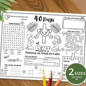 40 Days of Lent Activity Placemat, Lent Sunday School Resources, Kids Ministry Lenten Activities, Childrens Church Bible Games, Lent Craft