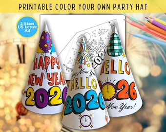 2026 New Year Party Hat, Make Your Own Hat Coloring Pages, New Years Eve Crafts for Kids, NYE Paper Hat Template, Printable Party Hat DIY