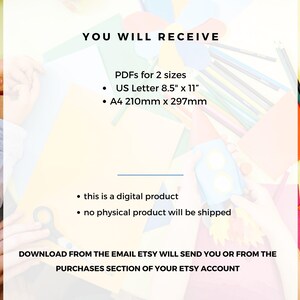 May include: Image with text: "YOU WILL RECEIVE" and details about digital PDFs in US Letter 8.5" x 11" and A4 210mm x 297mm sizes. The text also states that it is a digital product and no physical product will be shipped.
