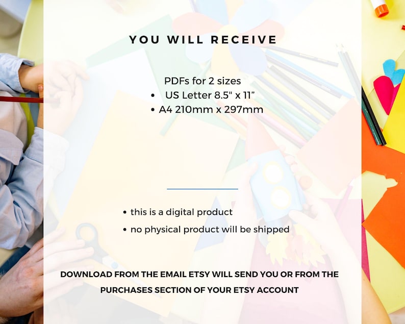 May include: Image with text: "YOU WILL RECEIVE" and details about digital PDFs in US Letter 8.5" x 11" and A4 210mm x 297mm sizes. The text also states that it is a digital product and no physical product will be shipped.