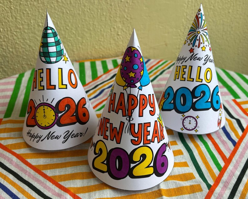 2026 New Year Party Hat, Make Your Own Hat Coloring Pages, New Years Eve Crafts for Kids, NYE Paper Hat Template, Printable Party Hat DIY image 2