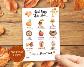 God Says You Are Fall Affirmation Cards, Christian Fall Gift Tags. Sunday School Teacher Thanksgiving Cards, Kids Scripture Cards Blessings
