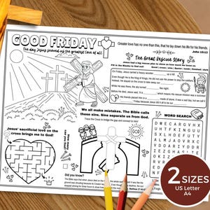 Peut inclure: Page de coloriage noir et blanc du Vendredi Saint avec le texte "Good Friday" et "The Great Rescue Story". La page comprend des illustrations de Jésus portant une croix, un labyrinthe et une recherche de mots. Deux tailles sont disponibles : US Letter et A4.