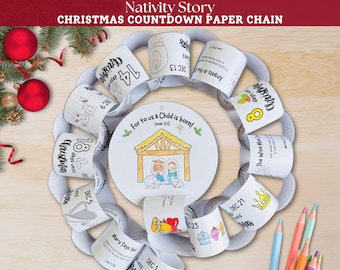 Nativity Story Christmas Countdown Chain, Bible Verse Advent Calendar, Kids Paper Chain Advent Coloring, Jesus Birth Sunday School Craft