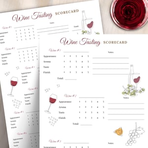 Puede incluir: Dos tarjetas blancas de cata de vinos con ilustraciones de una copa y una botella de vino. La tarjeta incluye secciones para apariencia, aroma, sabor y final, con una escala de calificación. Una copa de vino tinto está en el fondo.