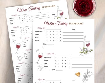 May include: Two white wine tasting scorecards with a red wine glass and bottle illustration. The scorecard includes sections for appearance, aroma, taste, and finish, with a rating scale. A glass of red wine is in the background.
