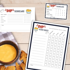 May include: A wooden bowl of yellow dip with tortilla chips, and three white scorecards with the text "DIP SCORECARD" and "DIP SCORE SHEET". The scorecards have spaces to rate appearance, taste, texture, and scoop-ability.