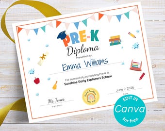 Pre K Graduation Certificate Template, Editable Pre K Diploma Template, End of School Year Pre K Awards, Preschool Graduation Certificate