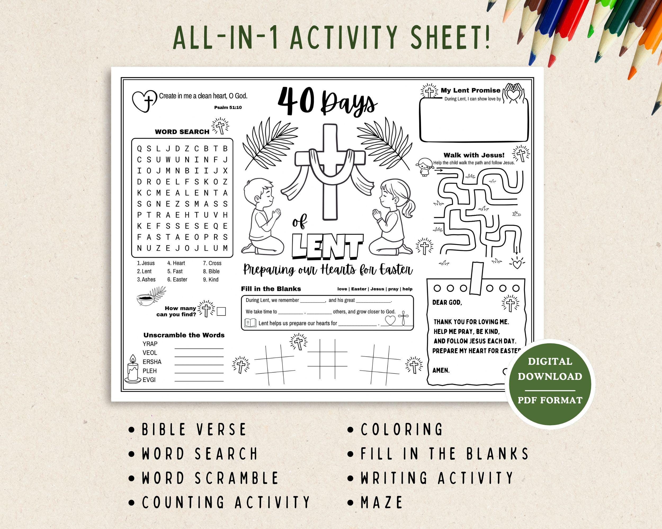 40 Days of Lent Activity Placemat, Lent Sunday School Resources, Kids ...