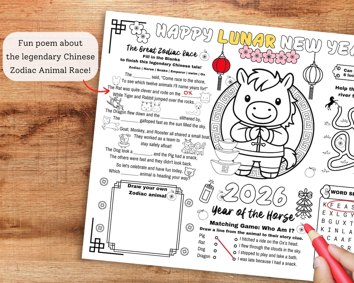 Chinese New Year of the Horse Activity Placemat, Lunar New Year 2026 ...