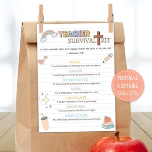 May include: A brown paper bag holds a white sheet with a "Teacher Survival Kit" list, rainbow, and cross illustrations. The list includes items like a pencil, eraser, sticky notes, and chocolate. A red apple sits in front of the bag. The sheet is held by two wooden clips.