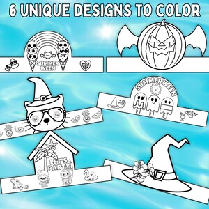 May include: Six unique black and white designs to color, featuring various themes. Designs include a rainbow with skulls, a bat, ice cream cones, a pumpkin with bat wings, a cat wearing glasses, a house with the text "Let's Party!", and a witch hat.
