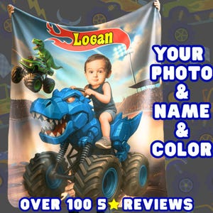 Personalized Dino Monster Truck Blanket with Name & Photo - Custom Dinosaur Kids Gift - Birthday Present for Boys - Adventure Blanket