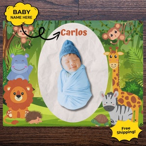 Manta personalizada para bebés con animales de safari, manta de hito personalizada para fotografía de recién nacidos, animales lindos de la selva, safari en la jungla