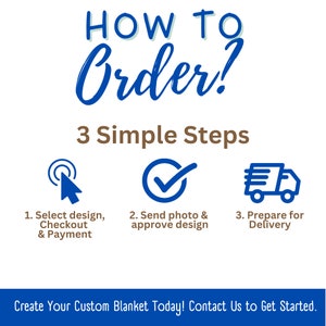 Puede incluir: C&oacute;mo hacer un pedido? 3 pasos sencillos: 1. Selecciona un dise&ntilde;o, realiza el pago y finaliza la compra. 2. Env&iacute;a una foto y aprueba el dise&ntilde;o. 3. Prep&aacute;rate para la entrega. &iexcl;Crea tu manta personalizada hoy mismo! Ponte en contacto con nosotros para empezar.