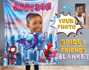 Custom Spidey and Friends Blanket - Personalized Photo Blanket - Superhero Kids Decor Gift - Girl and Boy Multiple Hero Options Available!