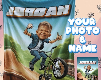 Personalized BMX Bike Blanket with Name and Photo | Custom Cycling Gift for Kids and Riders | Unique Sports Decor & Keepsake for Bike Lovers