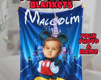 Custom Mickey Blanket with Name and Photo | Personalized Disney Gift for Kids, boys or girls designs | Cozy Magic Kingdom Decor