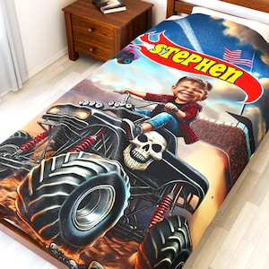 Bone Monster Truck Blanket with Name & Photo - Custom Kids Gift, Adventure Blanket for Boys Girls, Unique Birthday Present or Gift