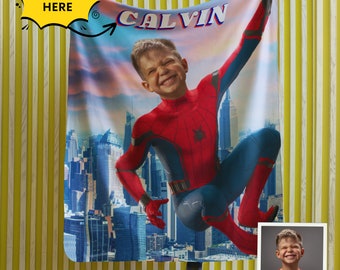 Personalized Spiderman and Other Heros Photo Blanket, Custom Kids Gift