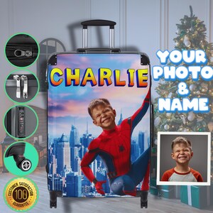 Premium custom Spider-Man kinderkoffer – gepersonaliseerde bagage met foto en naam – leuke reistas voor kleinkinderen, jongens, meisjes en volwassenen.