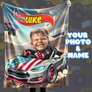 Personalized American Flag Car Blanket with Name and Photo | Custom Kids Racing Throw | Patriotic Sports Car Gift for Boys & Girls Keepsake