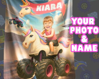 Personalized Unicorn Monster Truck Blanket: Custom Name & Photo Gift