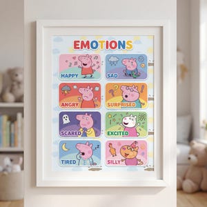 Pode incluir: Um poster emoldurado com a palavra "EMOTIONS" no topo. O poster apresenta ilustrações de desenhos animados de um porco expressando diferentes emoções, incluindo feliz, triste, zangado, surpreso, assustado, animado, cansado e bobo.